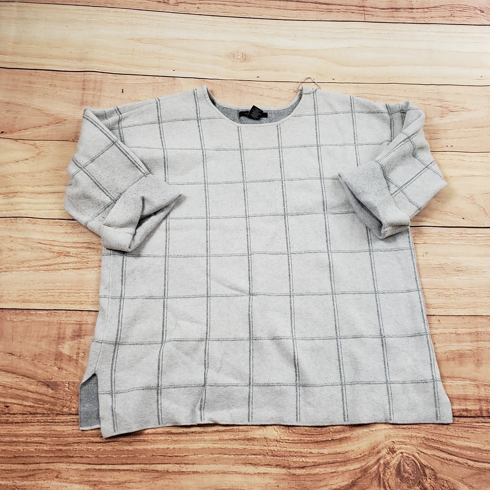 Tahari Shirt Womens 1X Gray Blouse 3/4 Sleeve Window Pane Check Top Ladies